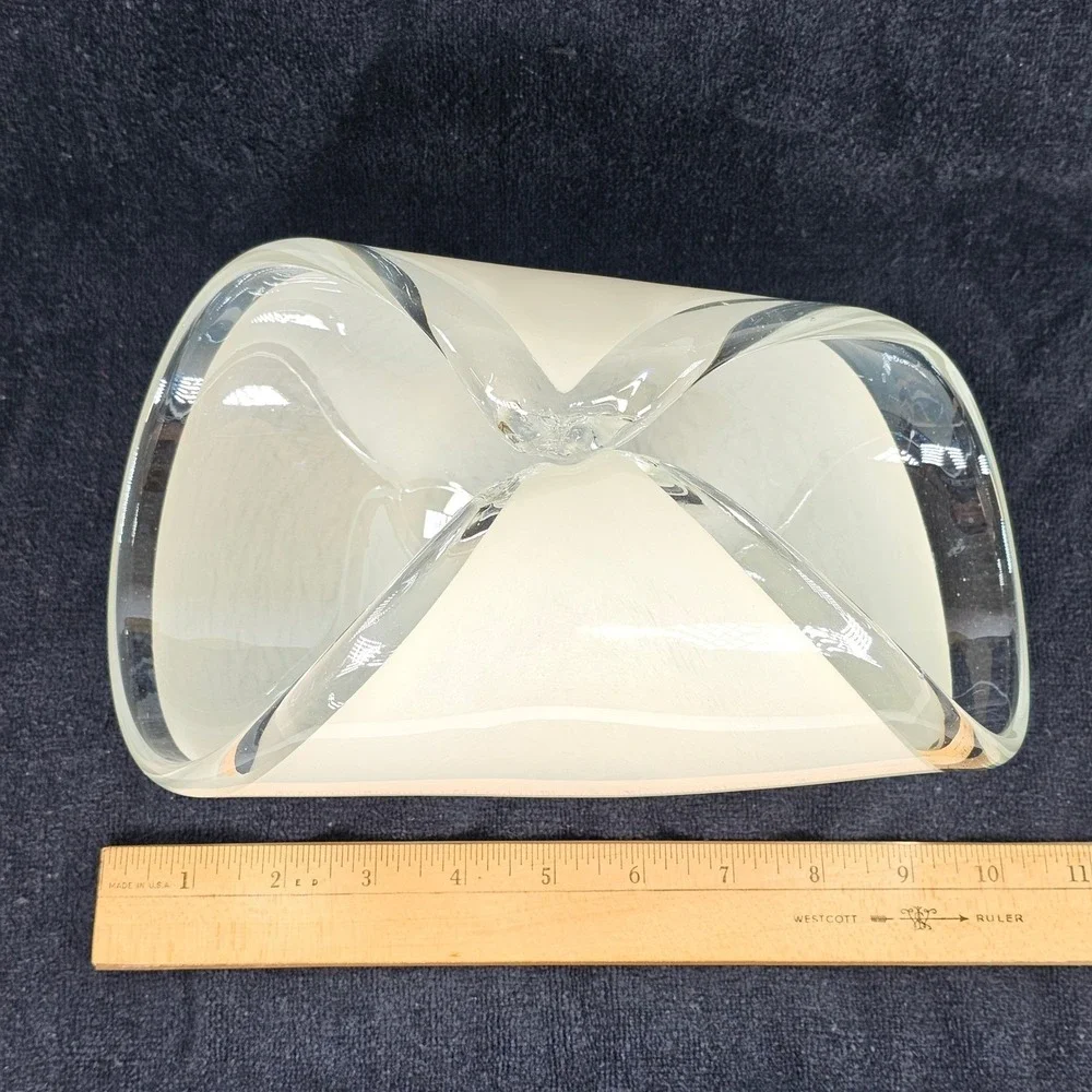 Modern Murano Style Hand Blown Art Glass Vase White Cased Glass Folded Rim Decor